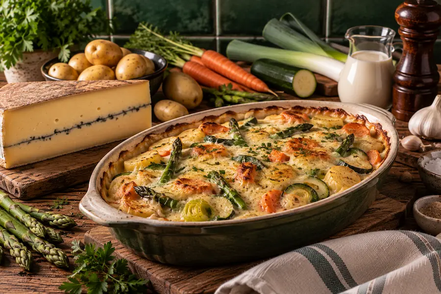 Gratin léger de printemps au Morbier et légumes de saison