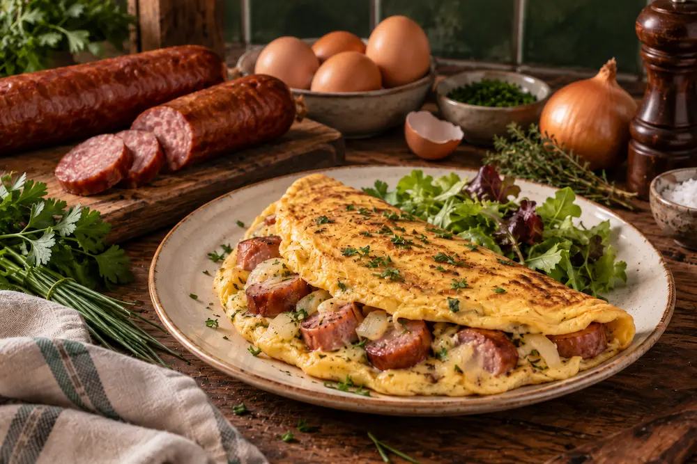 Omelette à la saucisse de Montbéliard et aux herbes