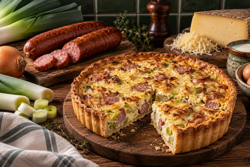 Quiche à la saucisse de Montbéliard et poireaux